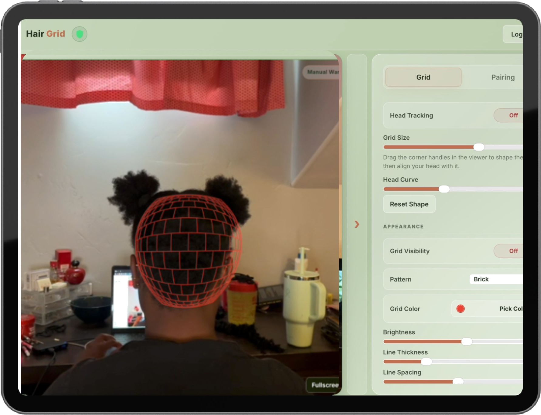 HairGrid app showing grid overlay on the back of a head with customizable controls for line parting, thickness, color, and density